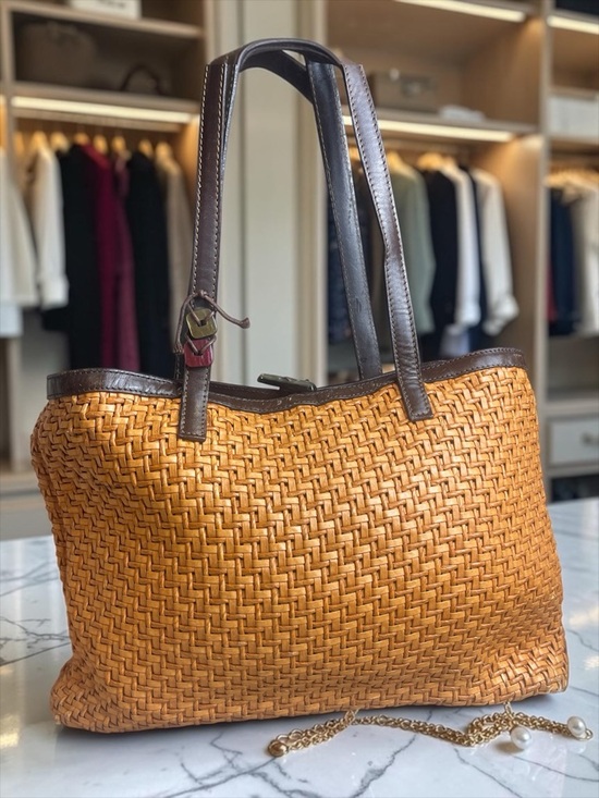 Alfredo Picchi Handbags - Alfredo Picchi Woven Straw Leather Tote Bag Italian Designer Brown Handles Purse